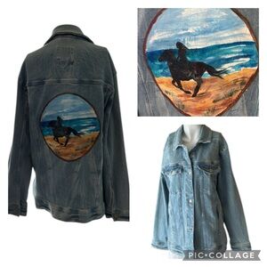 Upcycled Hollister Painted Horse Scene Distressed Denim Trucker Jacket Size M